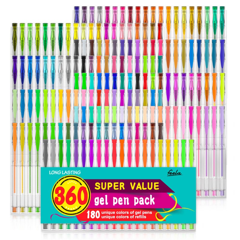 feela 360 Colors Gel Pens Set 180 Unique Gel Pen Plus 180 Refills for Adult Coloring Books Drawing - Image 1